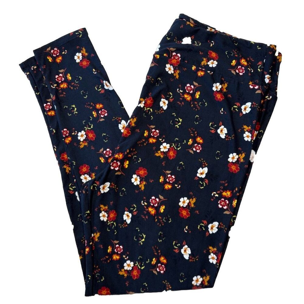 LuLaRoe Navy Floral Leggings with Red, White & Yellow Accents